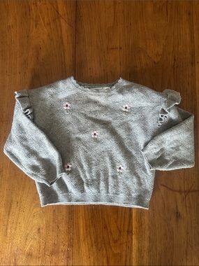 Ruffle-Sleeve Sweater with Pink Floral Embroidery